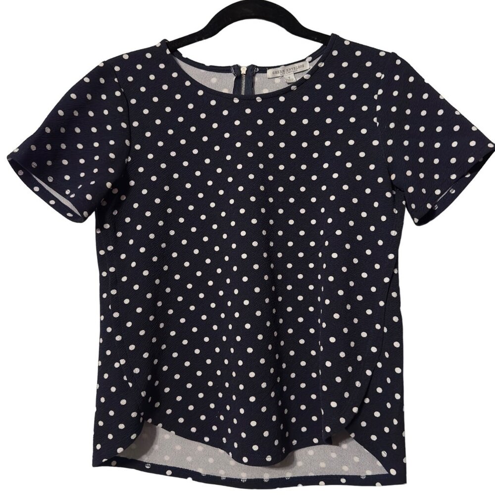 GREEN ENVELOPE Blue Polka Dot Short Sleeve Top With Back Zipper Size S